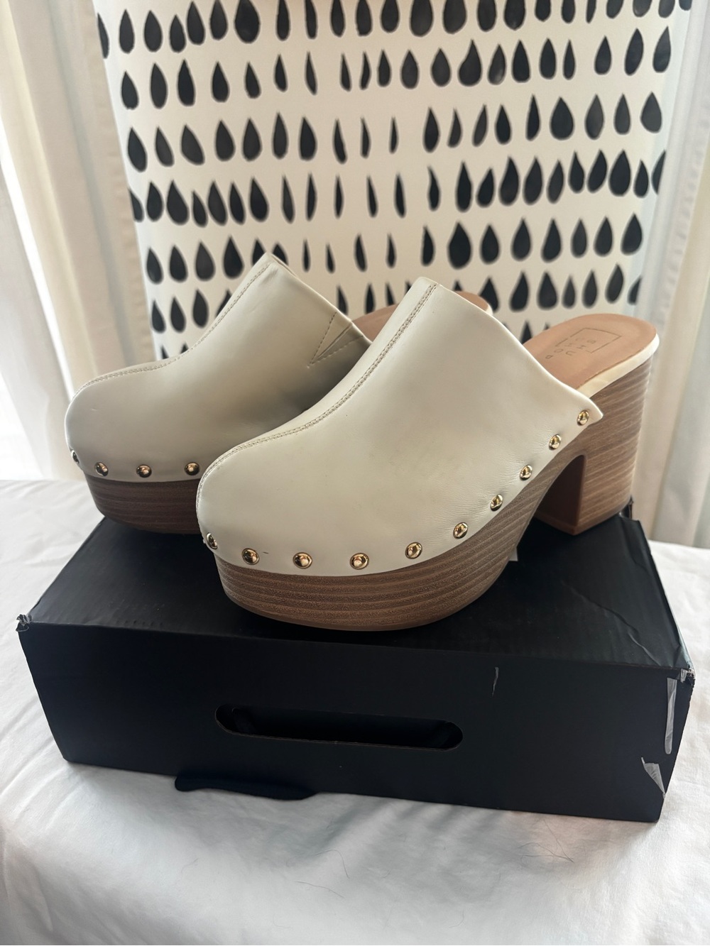 Off White Platform Clogs with Gold Studs